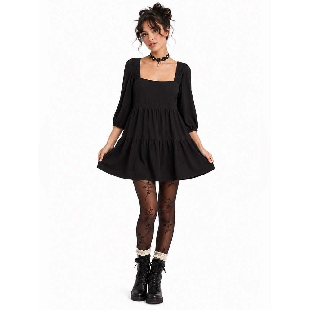 Shinestar Black Babydoll Mini Dress Puff Sleeve Whimsigoth Size M